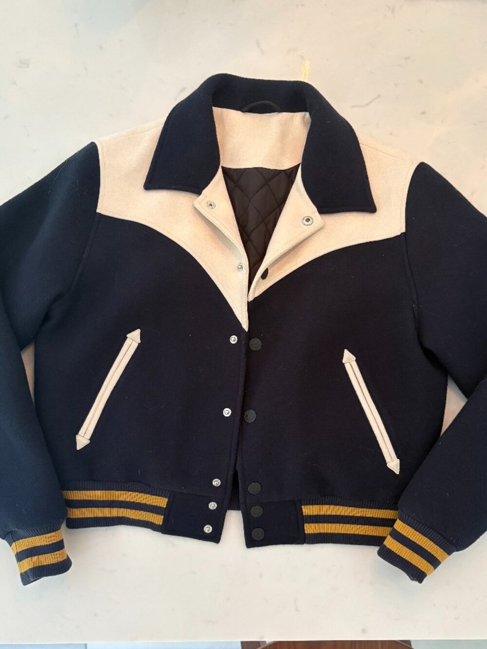 MOTHER Navy and Cream Varsity Bomber Jacket with Gold Stripe Accents